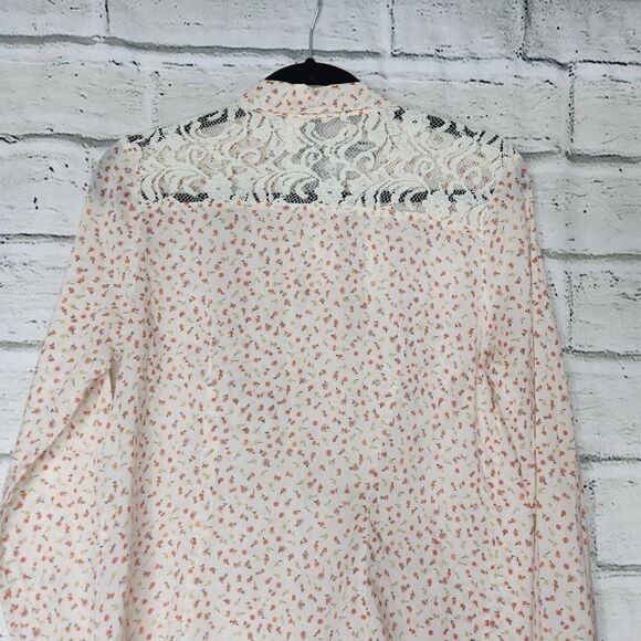 Lauren Conrad Semi Sheer Long Sleeve Button Up Collared Blouse Floral Medium - Picture 3 of 13